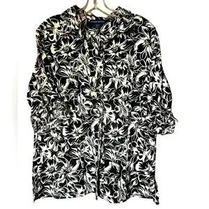 Women's 100% Cotton Size L Karen Scott Rolled Sleeve Black & White Blouse